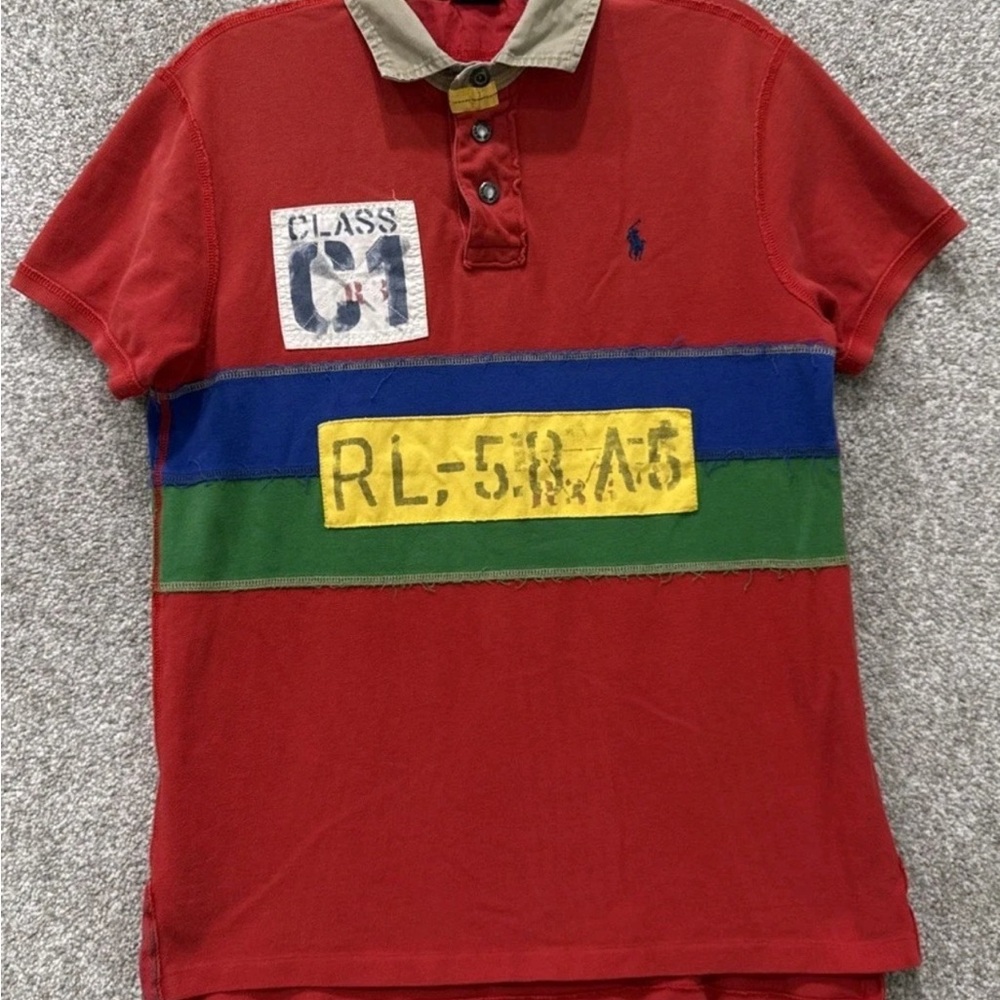 Vintage Polo Ralph Lauren C1 Rafting Colorblock Red Khaki Polo Shirt Size Medium